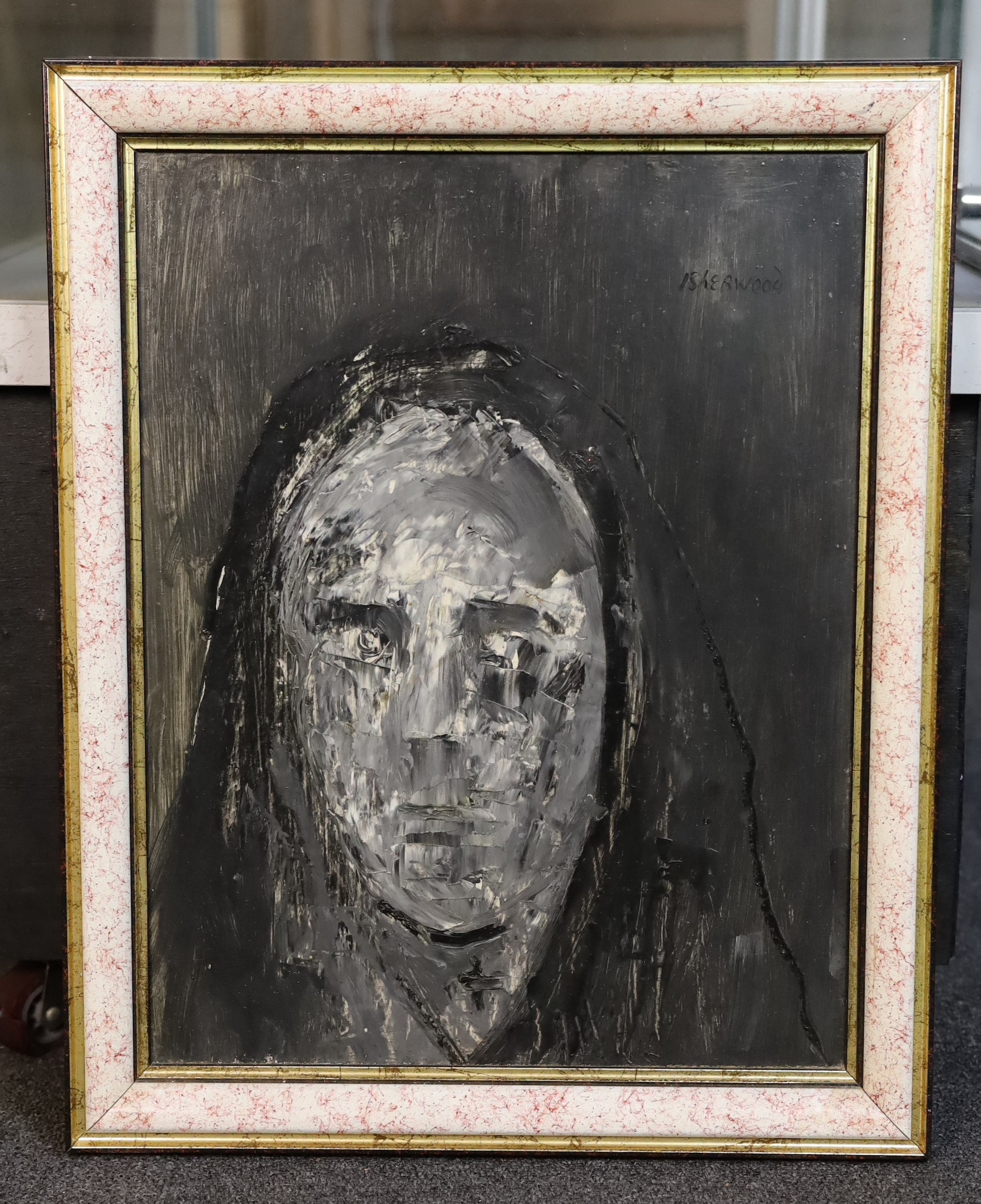James Lawrence Isherwood (British, 1917- 1989), 'Shawled gray woman', oil on panel, 44 x 34cm
